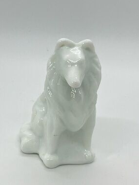 Vtg Mosser Glass Collie Dog White Milk Glass Figurine Green Tint
